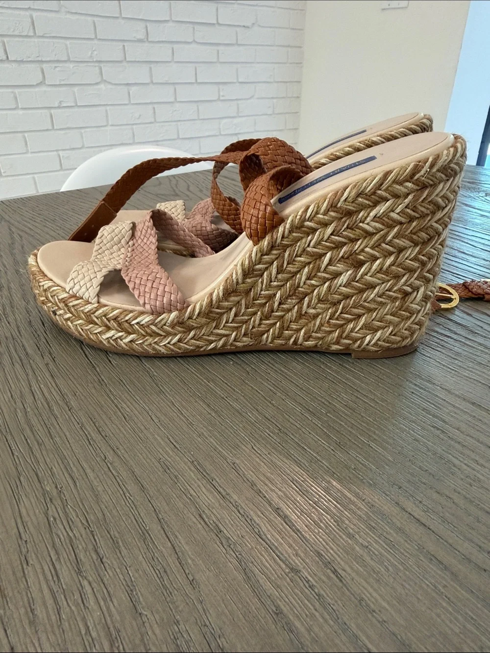 Stuart Weitzman Tan, Pink & Cream Woven Espadrille Wedge Sandals - Picture 3 of 5